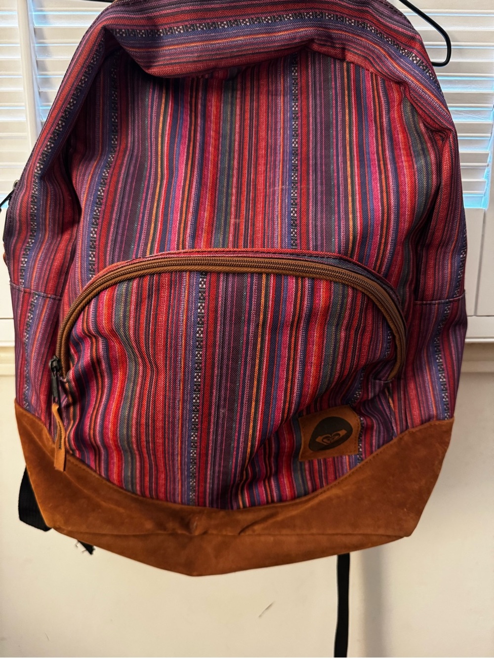 Roxy Striped Red and Pink Canvas Backpack with Brown Suede Base